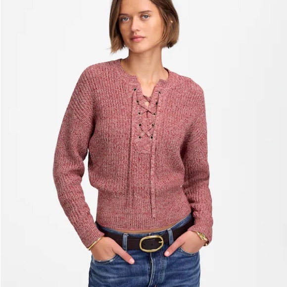 Madewell Sweaters - NWT Madewell Red Marled Ribbed Long Sleeve Lace-Up Sweater 100% Cotton Size M